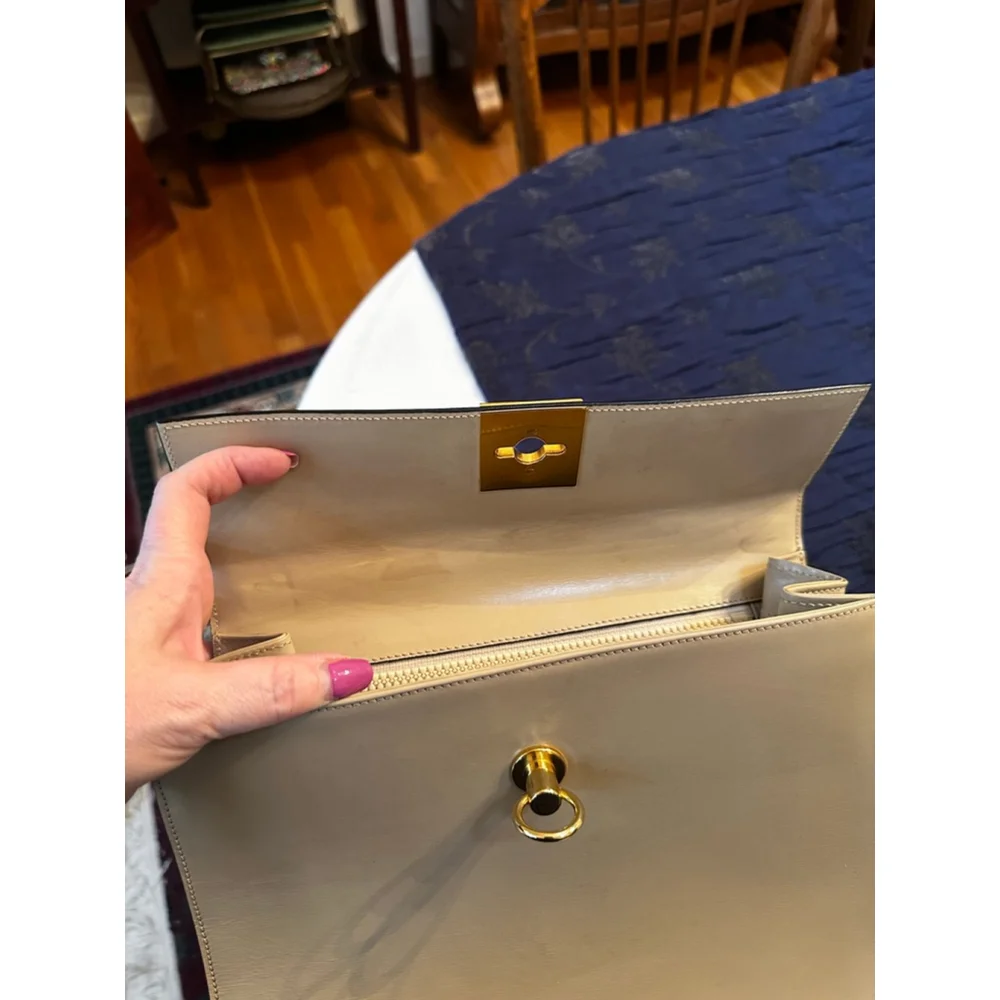 Celine Beige Leather Satchel Bag with Gold Hardware